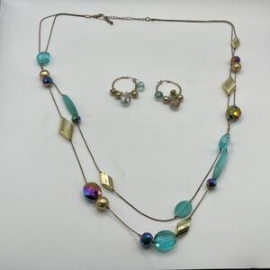 Multilayered Gold Toned Green‎ And Iridescent  Beaded Necklace And Earring Set